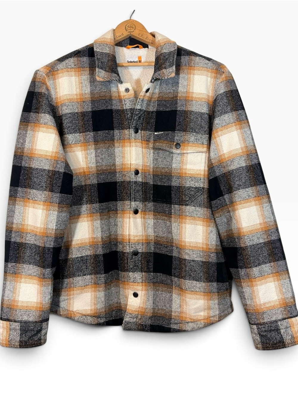 Timberland Black White Tan Fleece Lined Buffalo Check Shirt Jacket Shacket Large
